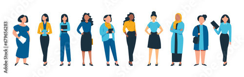 Vector illustration of diverse businesswomen standing in office outfits isolated on white background