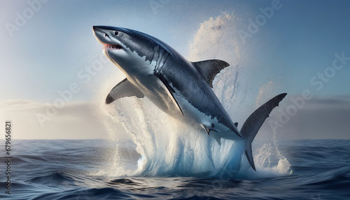 Majestic Great White Shark Breaching Ocean s Surface with Explosive Force from Ocean Sea Depths Blue Waters Against Clear Day Sky  Spectacular Display of Nature s Power