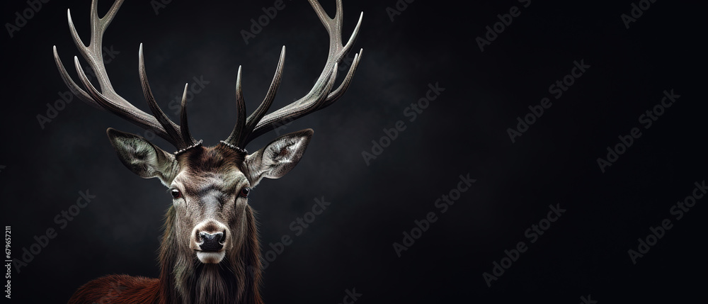 Front view of Red Deer on dark gray background. Wild animals banner with copy space Front view of Red Deer on dark gray background. Wild animals banner with copy space