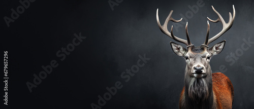 Front view of Red Deer on dark gray background. Wild animals banner with copy space