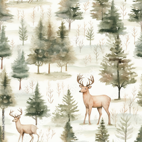 forest, ice, ,snow and deer seamless watercolor christmass seamless  pattern textile Generative AI © Marek49