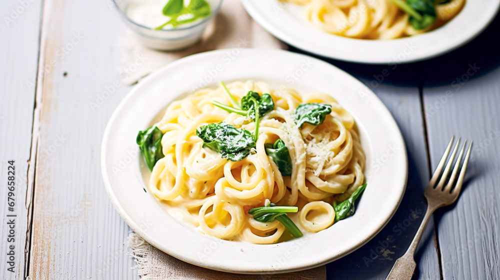 Creamy pasta with spinach and cream cheese on white rustic country wooden table, homemade easy meal recipe for lunch or dinner, generative ai Creamy pasta with spinach and cream cheese on white rustic country wooden table, homemade easy meal recipe for lunch or dinner, generative ai