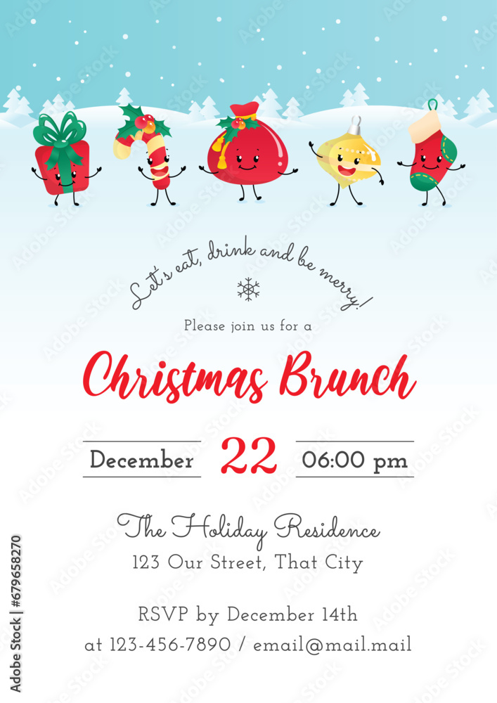 Christmas Brunch invitation template. Winter holiday illustration with a gift box, a candy cane, a Santa Claus bag, a decoration ans a sock on a background of a winter landscape. Vector 10 EPS.