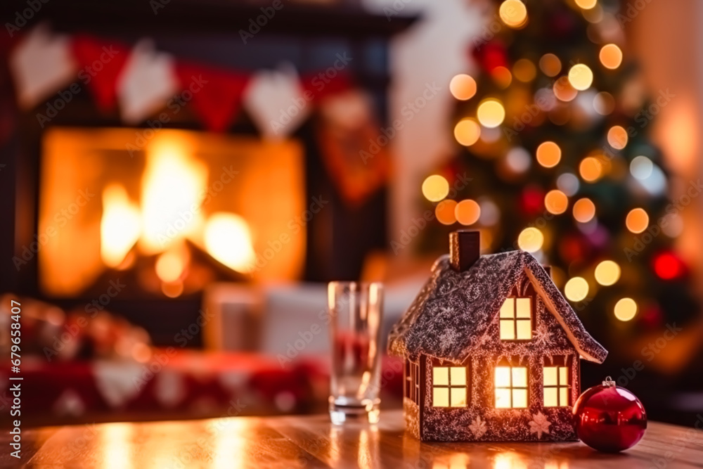 Christmas toy cottage, holiday time, country style decor and cosy atmosphere in the English countryside house with Christmas tree and fireplace on background, winter holidays