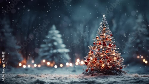 Christmas scene with copy space. Christmas tree in the winter forest. Beautiful winter landscape with Christmas tree.. Snowfall. Loop. Space for text. 
