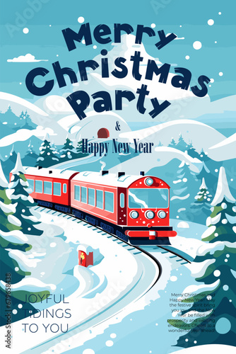 Merry Christmas and Happy New Year party poster template. Xmas holiday eve banner with polar express. Winter train on joyful celebration print. Creative art drawing cover vector eps design