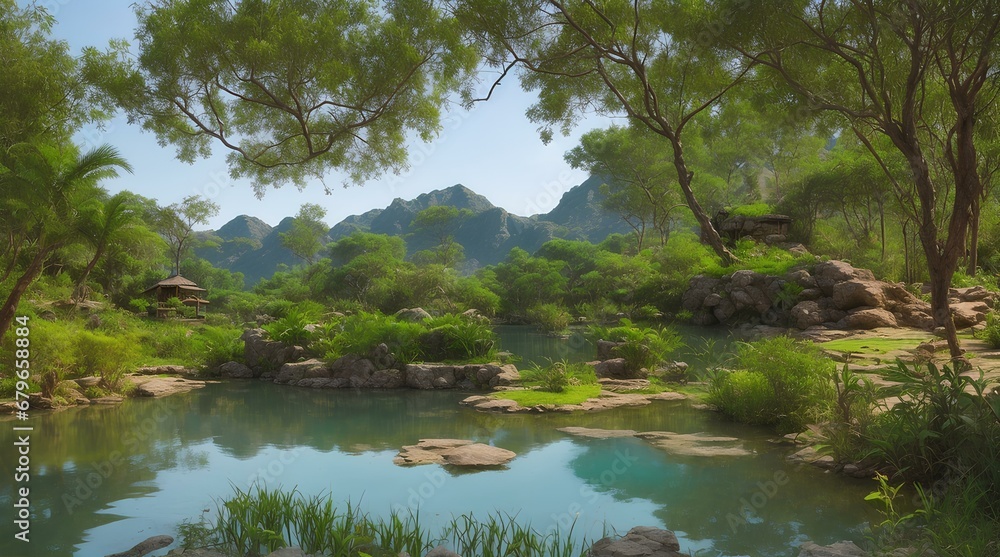  hidden oasis, with a secluded lake surrounded by lush vegetation and rocky outcrops.