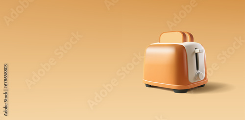 Realistic 3D toaster with bread. Banner in brown colors for home cooking breakfast design concepts, kitchen appliances, fresh delicious toasted bread.