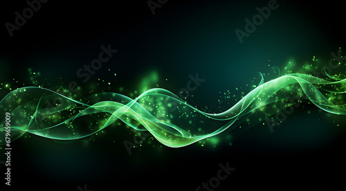 Elegant abstract art featuring flowing green neon waves and space dust on a dark backdrop, perfect for a modern wallpaper.