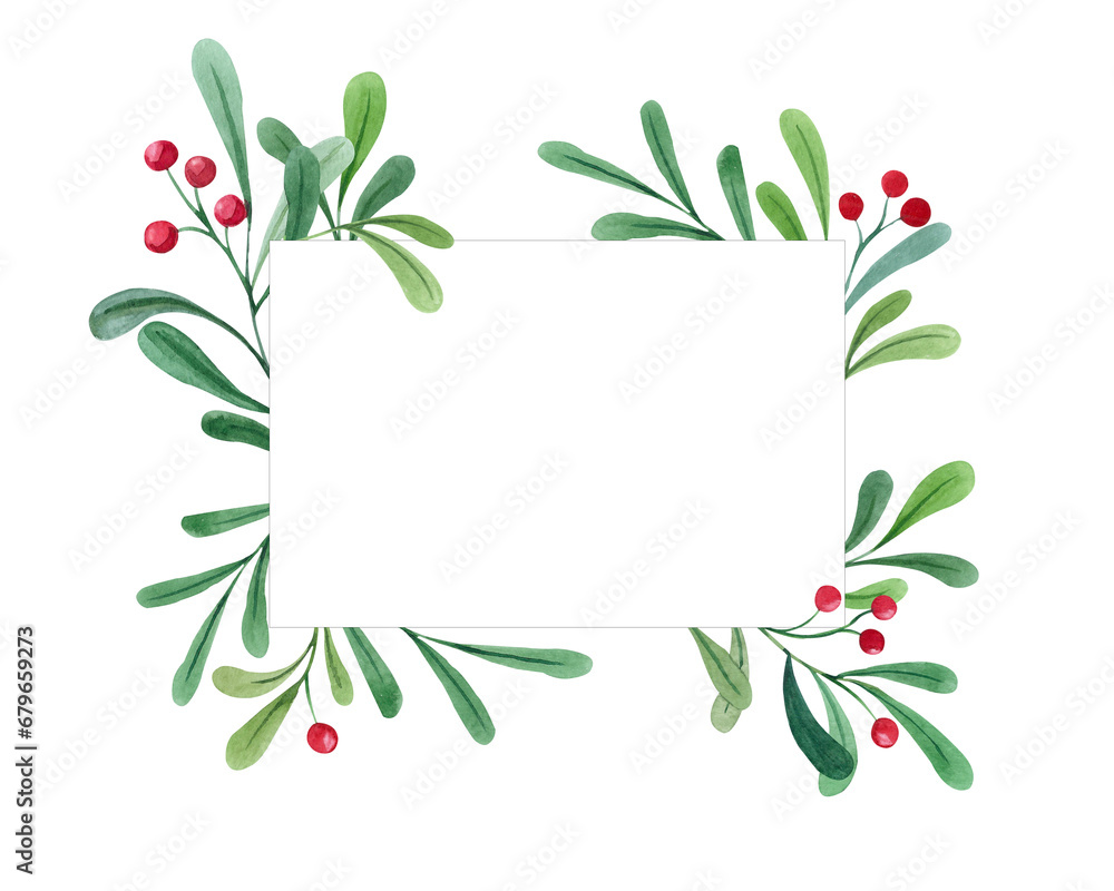 Watercolor Christmas frame with green branches and red berries. Illustration New Year and Christmas greeting card. Design and decoration, festive theme, minimalistic design. Watercolor Christmas frame with green branches and red berries. Illustration New Year and Christmas greeting card. Design and decoration, festive theme, minimalistic design.