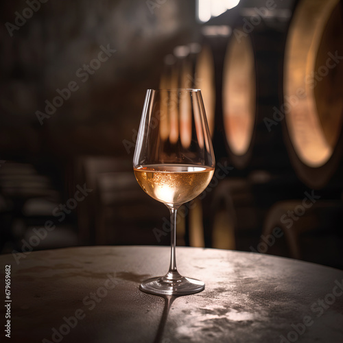 Closeup of glass of white wine in winery cellar.