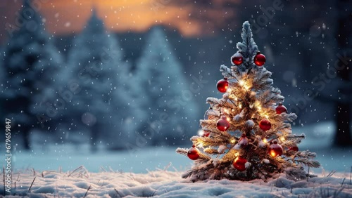 Christmas scene with copy space. Christmas tree in the winter forest. Beautiful winter landscape with Christmas tree.. Snowfall. Loop. Space for text. 
