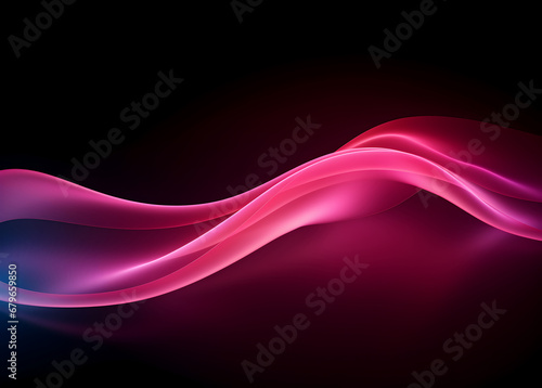  Soft red waves in neon light on a black background. Abstract wide wallpaper. © Jan