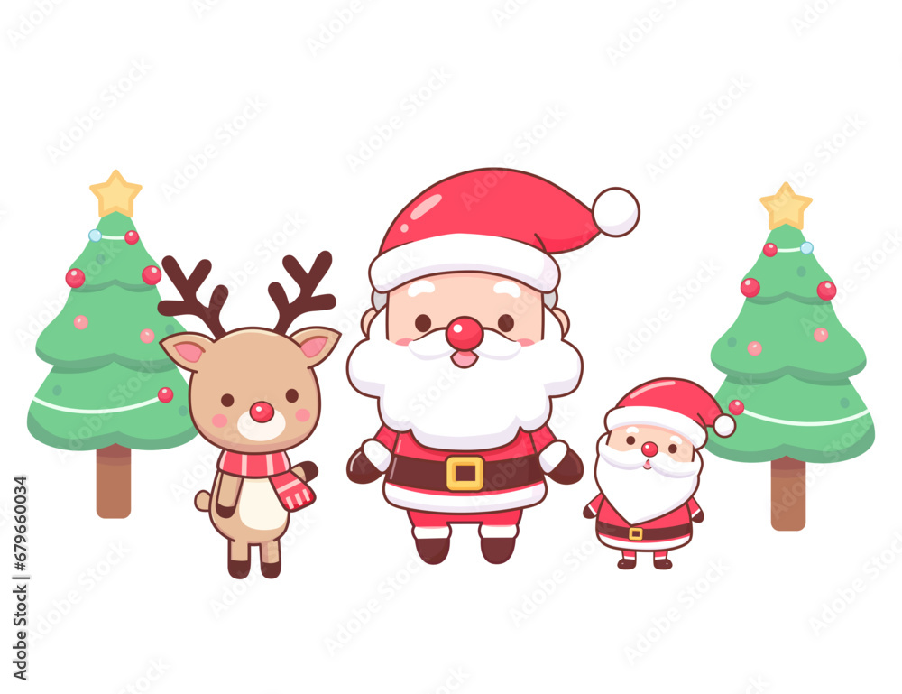 cute Santa Claus, reindeer, and Christmas tree decorations. Holiday cartoon character vector. cute Santa Claus, reindeer, and Christmas tree decorations. Holiday cartoon character vector.