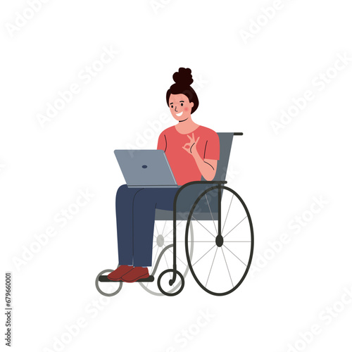 Young woman in wheelchair working on computer. Vector flat style cartoon  illustration
