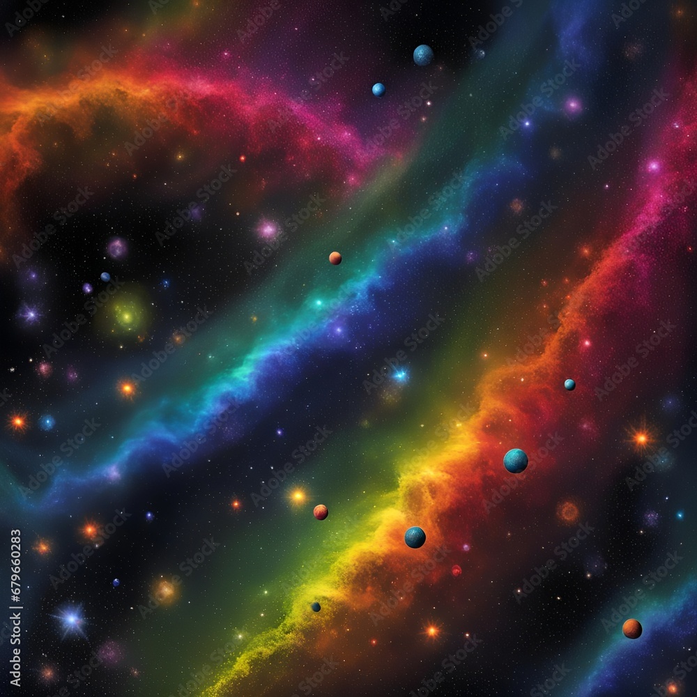 Fototapeta premium Regenbogen Wolken bunt kräftig leuchtende Galaxien aus Sternen und Planeten in einem dunklen unendlich weiten Universum. Hintergrund und Vorlage für Technik, Astronomie, Wissenschaft und Forschung