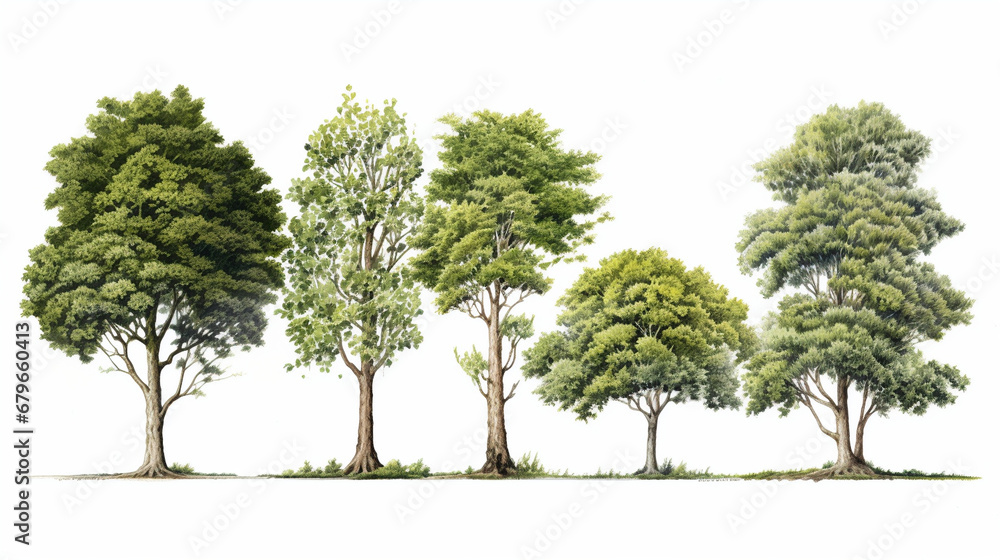 A set of 5 trees, in the style of landscape architecture drawing, no background