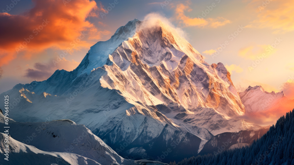 Landscape of the towering mountains surrounded by clouds, the sun shines on the front of the snow mountain.
