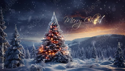 Merry Christmas reveal. Christmas tree in the winter forest. Beautiful winter landscape with Christmas tree. Winter scene with christmas greetings. 