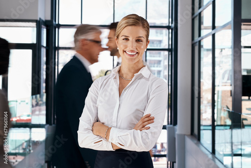 Busy office, smile or portrait of businesswoman with arms crossed in workplace for company development. Happy financial advisor, female manager or confident employee ready to start a corporate job