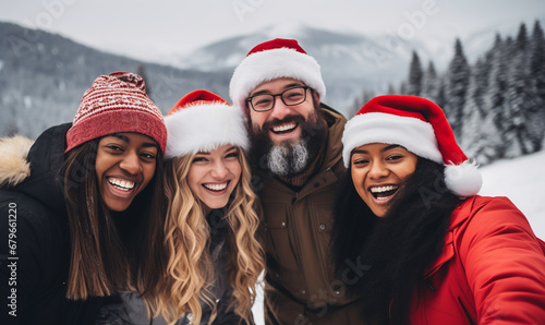 A group of friends having fun and celebrating Christmas outdoors at a snowy ski resort