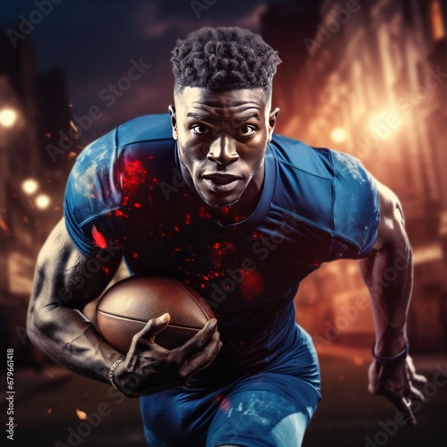 Image captures a muscular football player in full sprint, concentration visible in his determined gaze