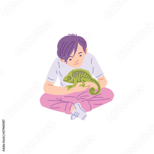 Boy is looking on green guana, vector cartoon exotic pet reptile,chameleon lizard animal crawls along the owner's hand