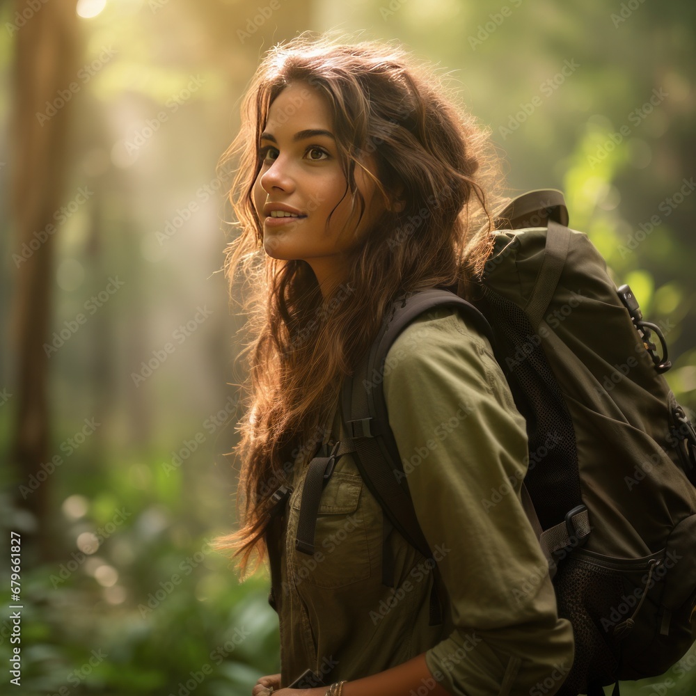 Smiling woman with backpack enjoying a hike through a misty, sunlit forest, appreciative of nature Smiling woman with backpack enjoying a hike through a misty, sunlit forest, appreciative of nature