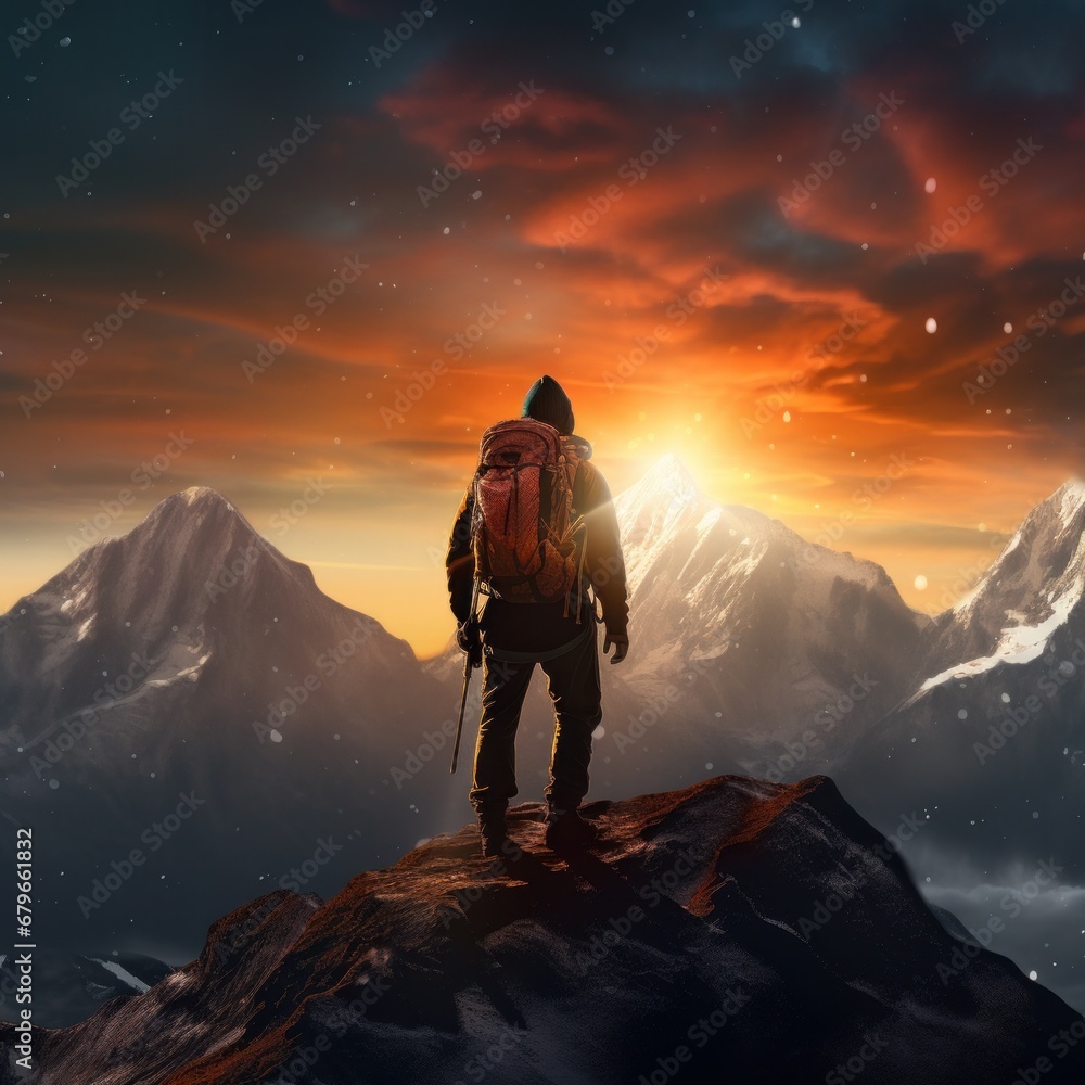A solitary hiker stands on a mountain ledge, contemplating the snowy peaks under a starry sky A solitary hiker stands on a mountain ledge, contemplating the snowy peaks under a starry sky