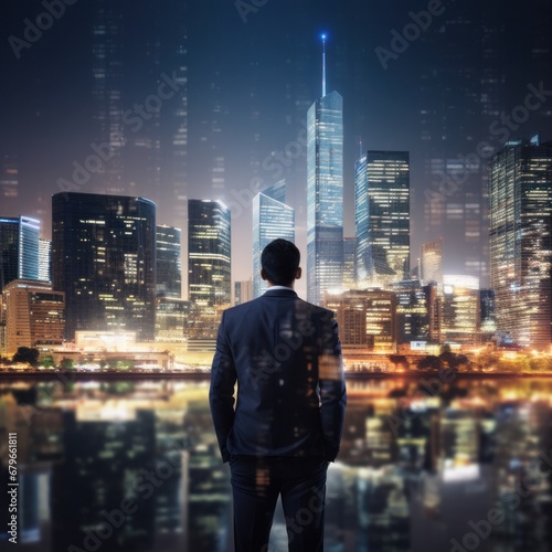 Man gazing at an illuminated city skyline by night, reflected on the surface of a tranquil water body