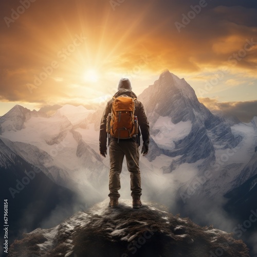 A lone adventurer stands before an awe-inspiring mountain peak as the sunrise fills the sky with warm colors