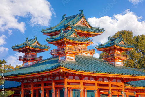Kyoto, Japan - April 2 2023: Heian Shrine built on the occasion of 1100th anniversary of the capital's foundation in Kyoto, dedicated to the spirits of the first and last emperors who reigned the city