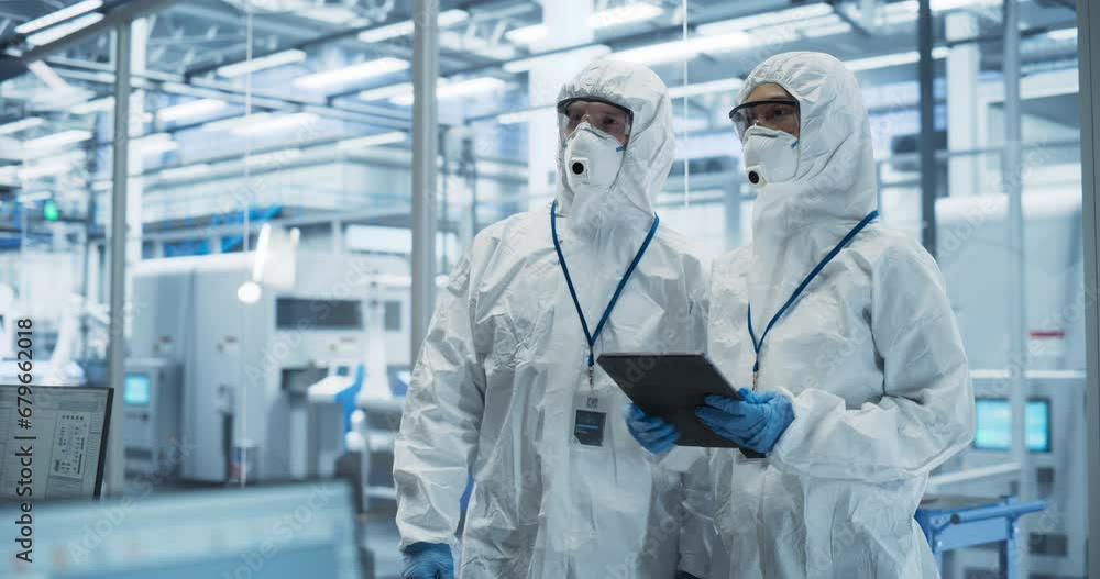 Bioengineers in Protective Coveralls, Masks and Eyewear Using Tablet Computer at a Chemical Manufacturing Complex. Laboratory Specialists Monitoring Conditions at a Modern Factory with Robotic Arms Bioengineers in Protective Coveralls, Masks and Eyewear Using Tablet Computer at a Chemical Manufacturing Complex. Laboratory Specialists Monitoring Conditions at a Modern Factory with Robotic Arms
