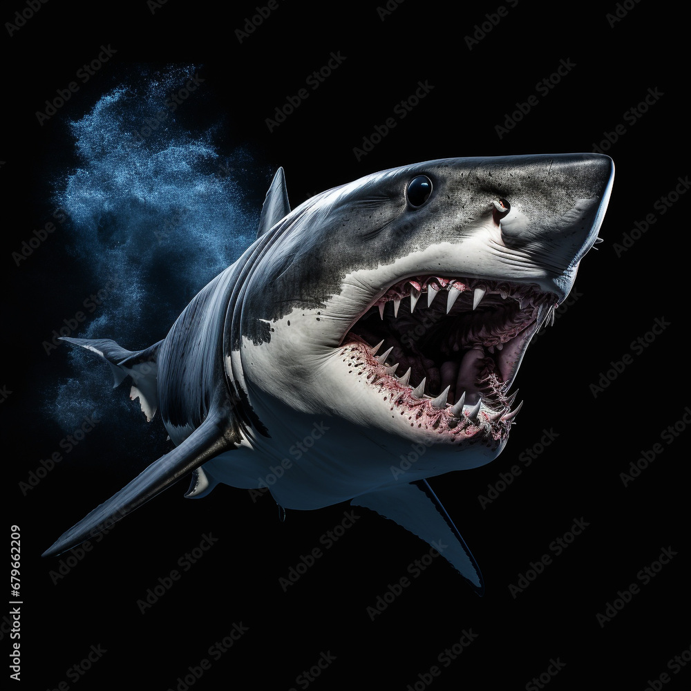Obraz premium Great white shark, coral reef, natural colors, dangerous sea predators.