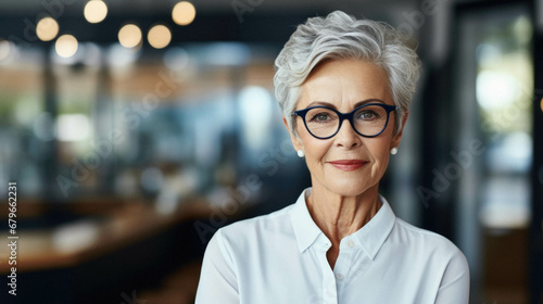 Senior woman with grey hair in cafe.
