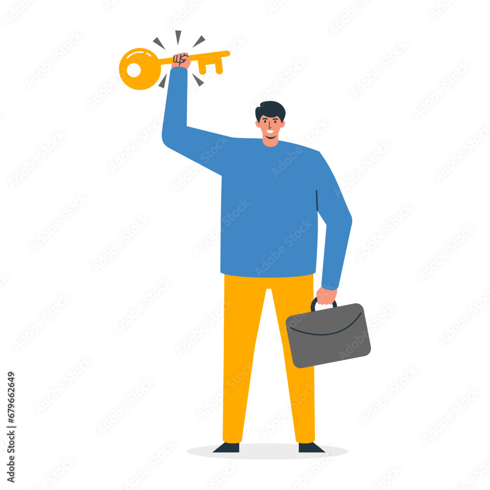 Businessman Holding a Key Vector Illustration. The Concept of the Key to Success