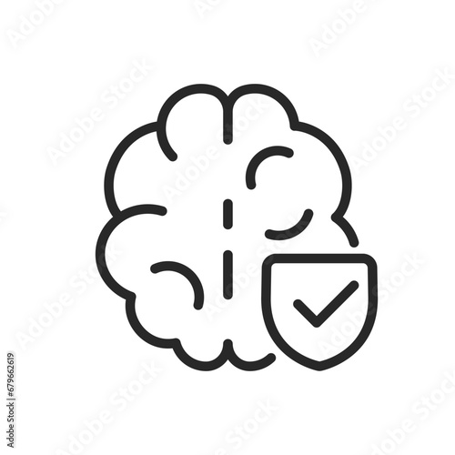 Brain Health Icon. Vector Outline Editable Isolated Sign of a Healthy Brain and Shield with Checkmark, Symbolizing Protection and Wellness of Cognitive Functions.