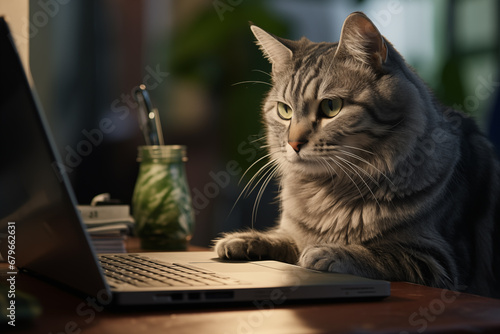 A cat works on a laptop in a room on a building. Ai generate.