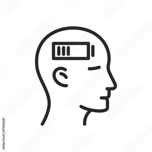 Chronic Fatigue Syndrome Icon. Vector Outline Editable Isolated Sign of a Person with a Low-Charged Brain Battery, Symbolizing the Impact of Persistent Exhaustion on Mental Stamina and Health.