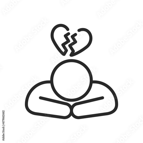 Broken Heart Icon. Vector Outline Editable Isolated Sign of a Dejected Person with a Thought Cloud Featuring a Broken Heart, Symbolizing the Deep Emotional Pain of Heartbreak and Loss.