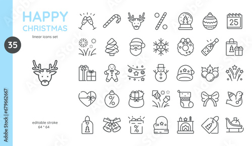 Merry Christmas Icon Set. Candy cane, Santa Christmas Reindeer, Celebrating Champagne Glasses, Midnight Clock, Festive Fireworks, Christmas Sale. Isolated Winter New Year Holidays Signs Collection.