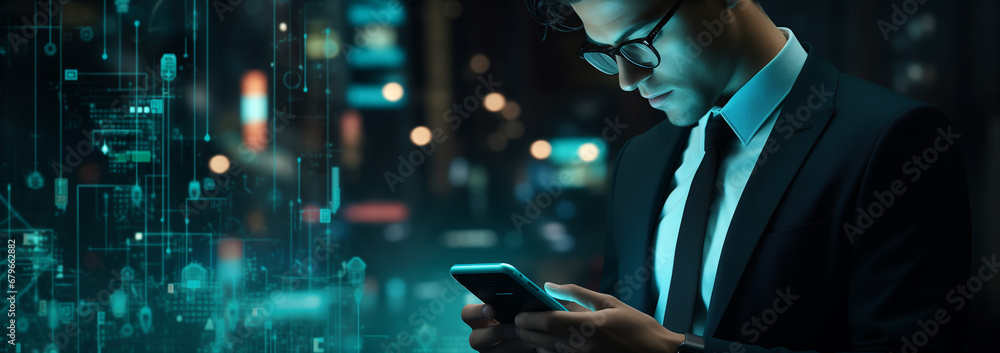 Technology concept. A handsome young businessman in a business suit is using a mobile phone. Abstract modern hi tech background. Corporate creative design - obrazy, fototapety, plakaty 