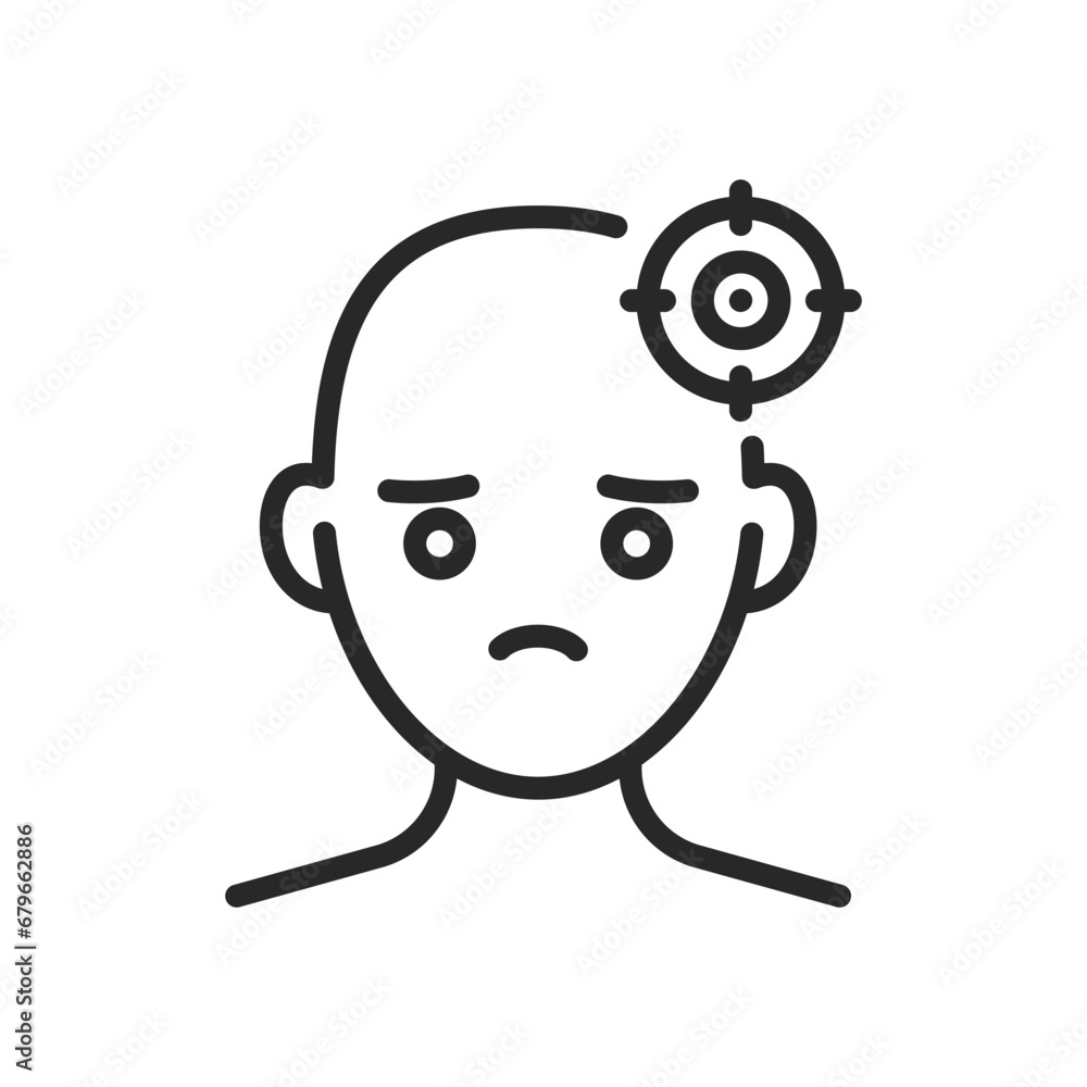 Mania Icon. Vector Outline Editable Isolated Sign of a Distressed Person with a Target Symbol Over the Head, Representing the Intense Focus and Anxiety of Mania. Mania Icon. Vector Outline Editable Isolated Sign of a Distressed Person with a Target Symbol Over the Head, Representing the Intense Focus and Anxiety of Mania.