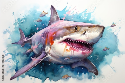 watercolor Shark Hungry shark illustration with splash watercolor textured background