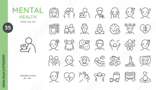 Mental Health Icon Set. Stress Resistance, Family Support, Self-Care, Good Sleep, Drug Treatment, Keto Diet, Relaxation, Outdoor Activity and More. Isolated Vector Mental Health Signs Collection.