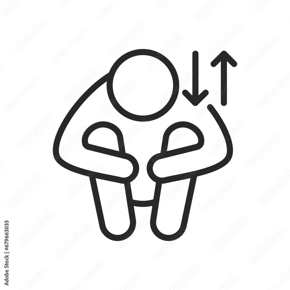 Ups and Downs Icon. Vector Outline Editable Isolated Sign of an Exhausted Person Hugging Knees with Up and Down Arrow Pictogram, Symbolizing the Fluctuating Nature of Life's Challenges and Resilience. Ups and Downs Icon. Vector Outline Editable Isolated Sign of an Exhausted Person Hugging Knees with Up and Down Arrow Pictogram, Symbolizing the Fluctuating Nature of Life's Challenges and Resilience.