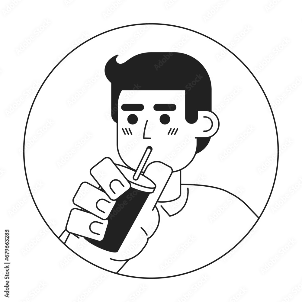 Chilling caucasian guy drinking through straw black and white 2D vector avatar illustration. Holding coffee european young adult outline cartoon character face isolated. Smoothie man flat portrait Chilling caucasian guy drinking through straw black and white 2D vector avatar illustration. Holding coffee european young adult outline cartoon character face isolated. Smoothie man flat portrait