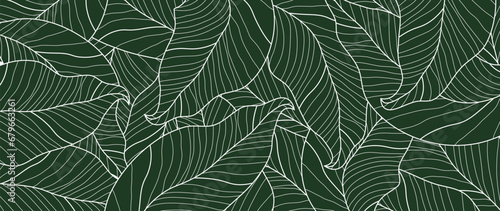 Tropical leaf line background vector. Abstract botanical leaf line in minimalist linear style. Design for fabric, print, cover, banner, decoration, wallpaper.