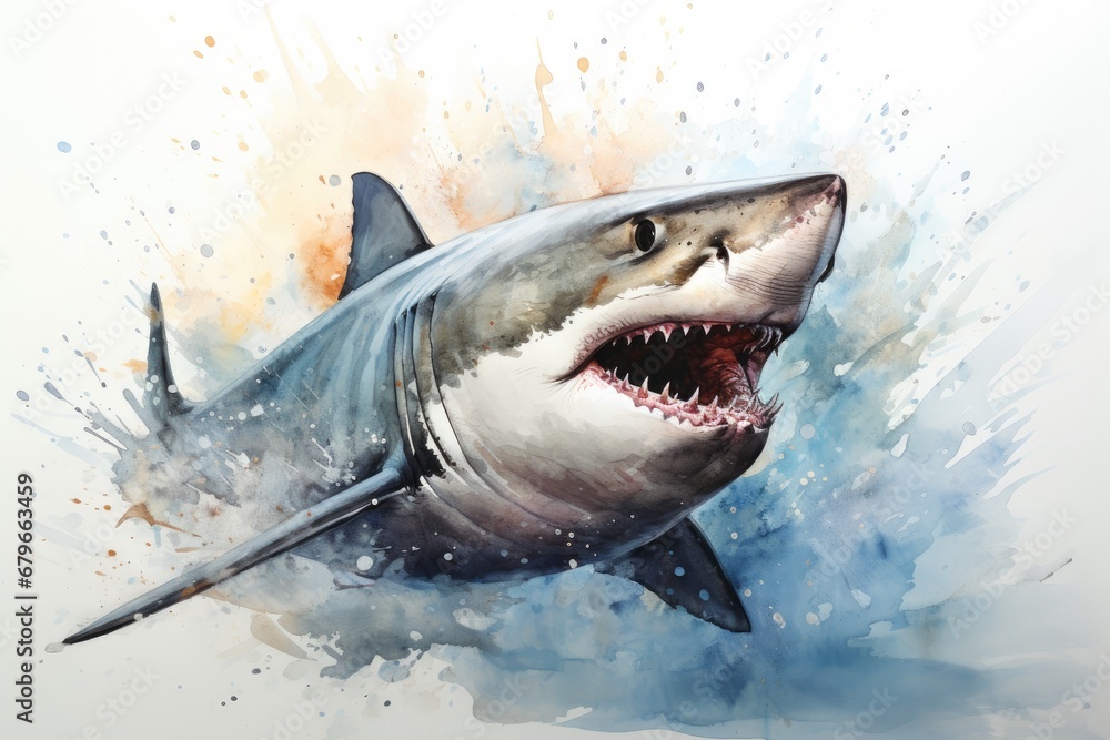 Naklejka premium watercolor Shark Hungry shark illustration with splash watercolor textured background