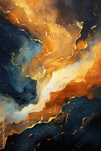 Abstract marble background, navy blue with orange and gold 
